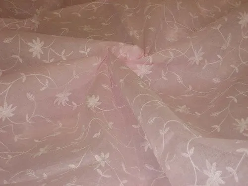 100 % Cotton organdy fabric embroidered pink colour w/white machine embroidered 44" wide[959]