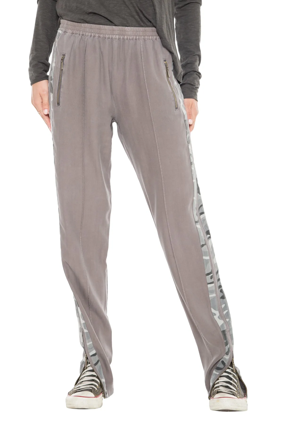 100% Silk relaxed pants with side tapes in Charcoal Grey