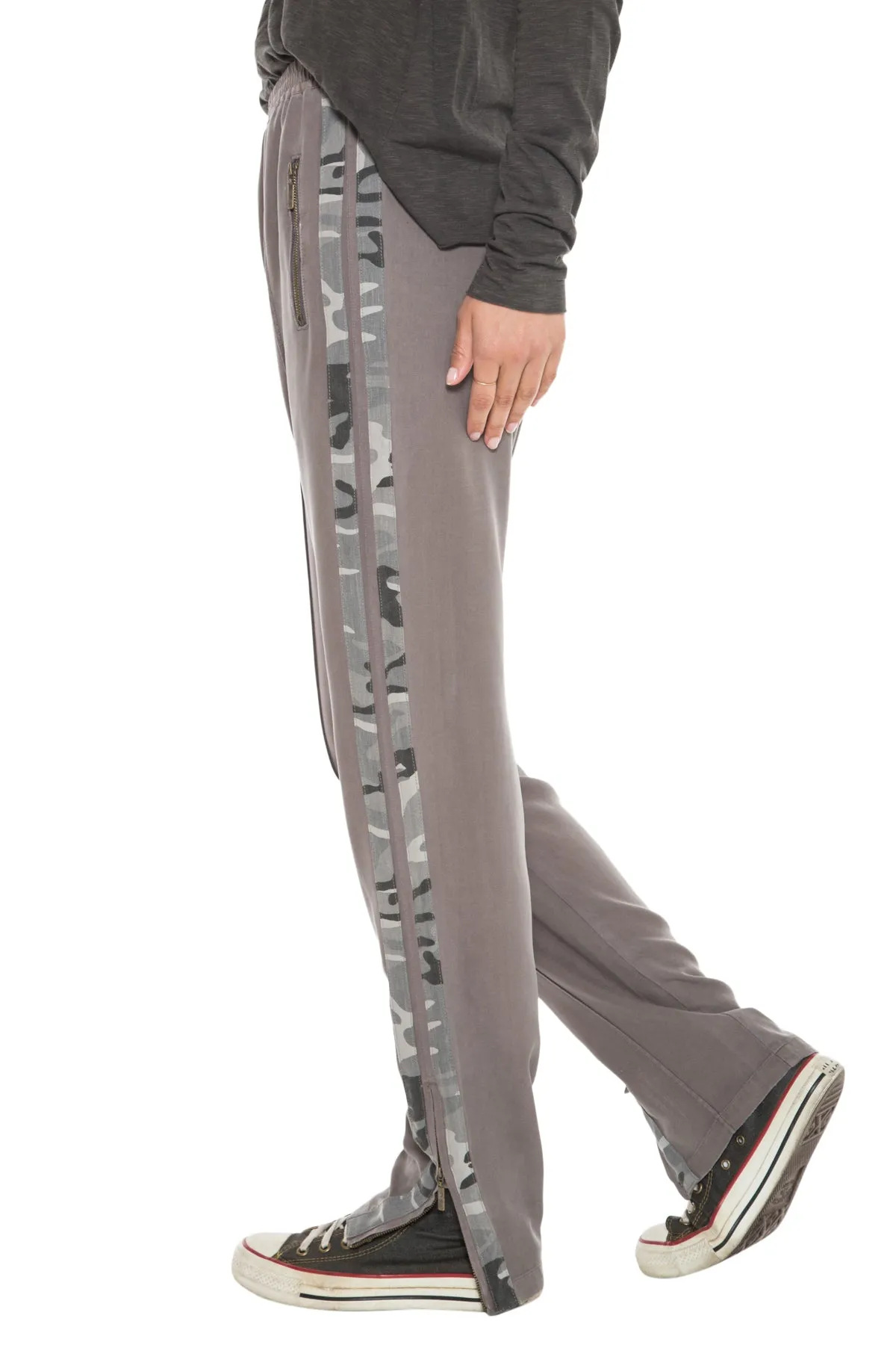 100% Silk relaxed pants with side tapes in Charcoal Grey