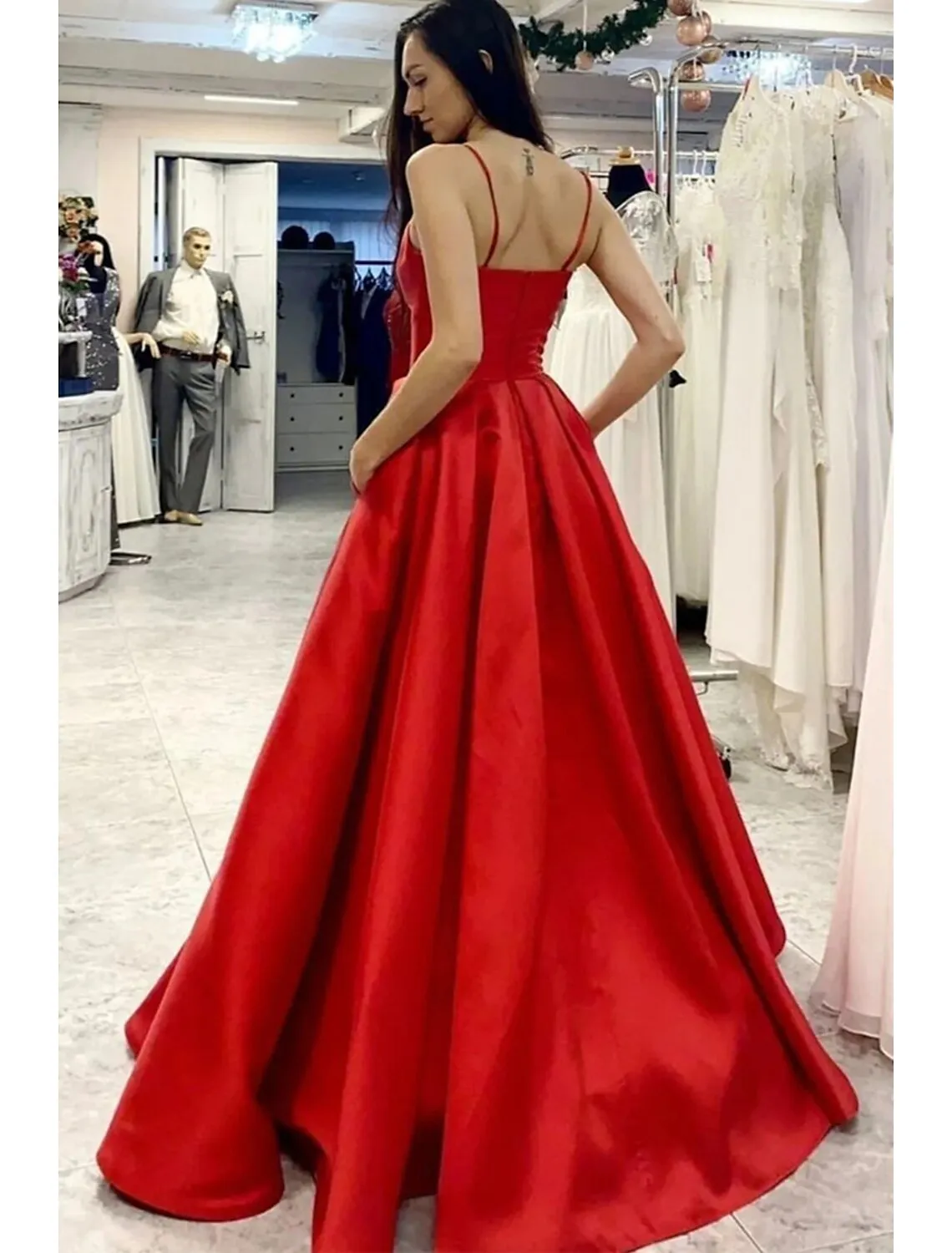 A-Line Prom Dresses Minimalist Dress Formal Floor Length Sleeveless V Neck Pocket Satin with Pleats