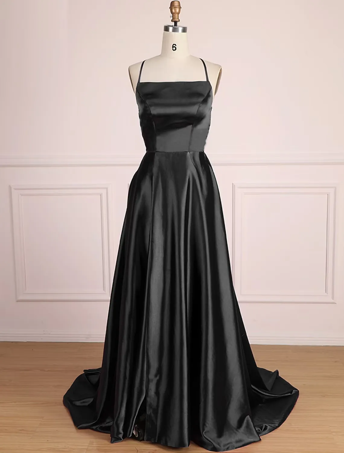 A-Line Prom Dresses Minimalist Dress Party Wear Sweep / Brush Train Sleeveless Spaghetti Strap Satin with Pleats Slit