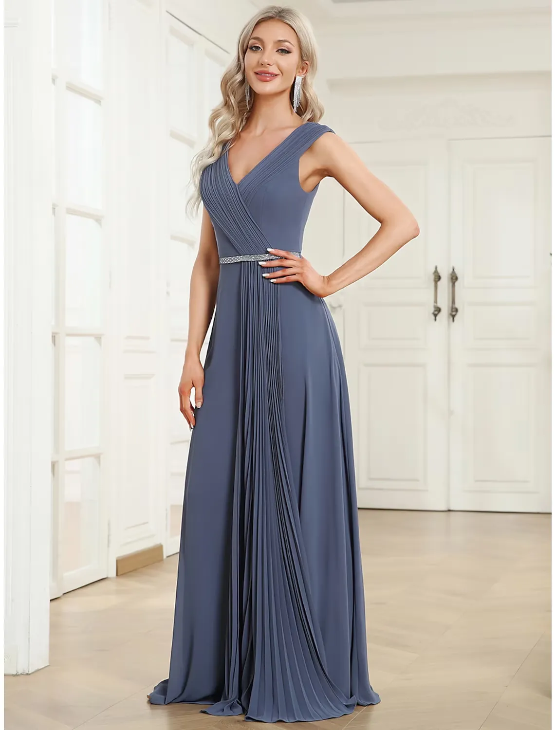 A-Line Wedding Guest Dresses Minimalist Dress Formal Floor Length Sleeveless V Neck Chiffon with Pleats