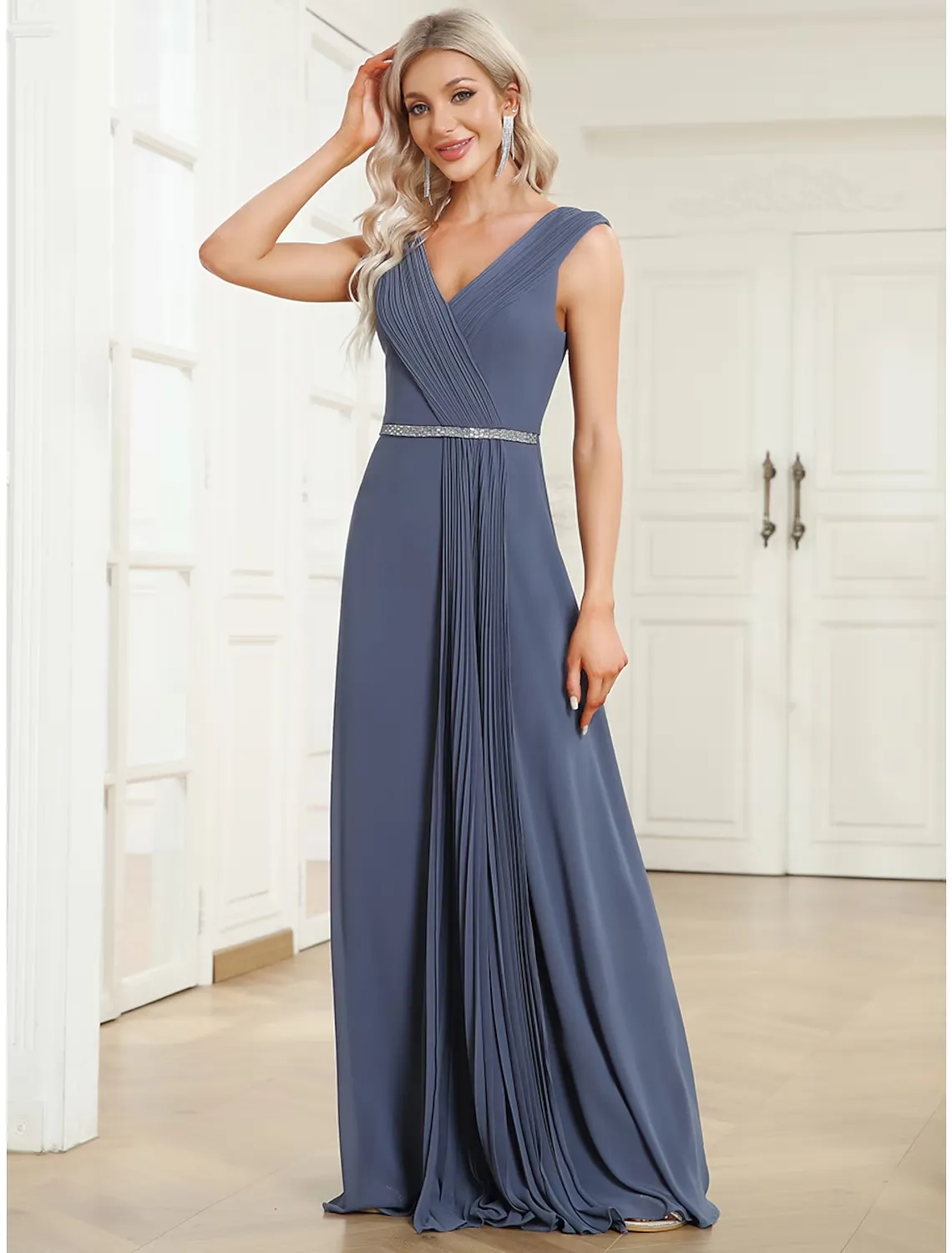 A-Line Wedding Guest Dresses Minimalist Dress Formal Floor Length Sleeveless V Neck Chiffon with Pleats