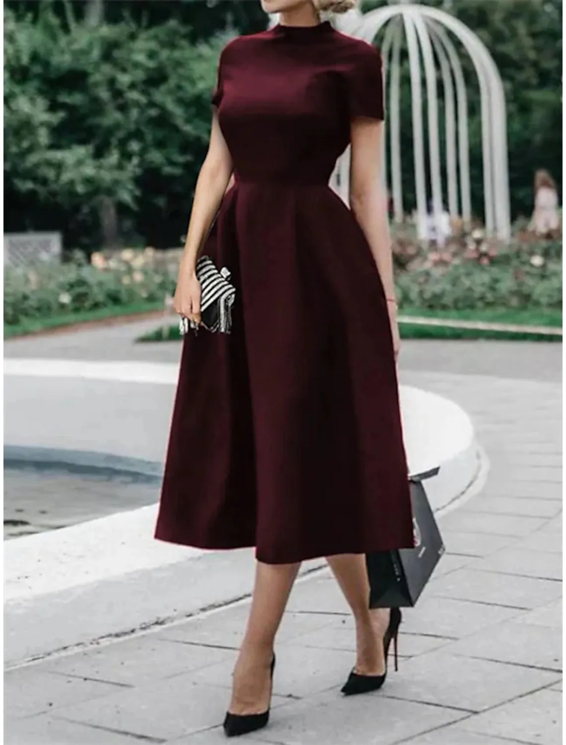 A-Line Wedding Guest Dresses Minimalist Dress Party Dress Wedding Party Tea Length Short Sleeve High Neck Stretch Satin with Pleats Pure Color