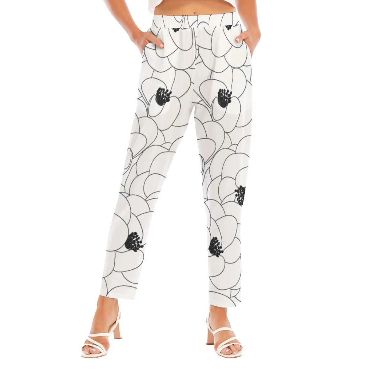 All-Over Print Women's Loose Straight-leg Pants 109 white with flower print