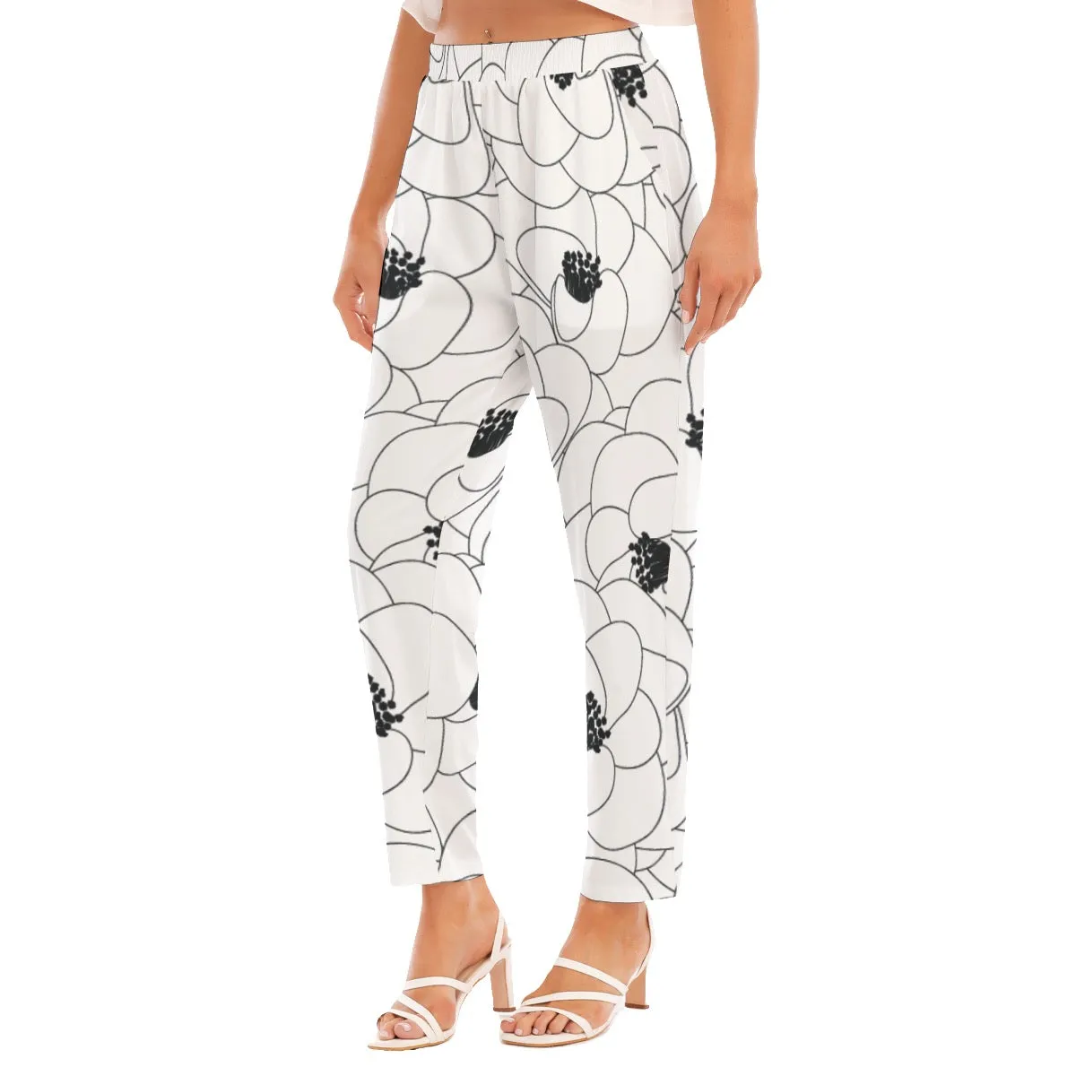 All-Over Print Women's Loose Straight-leg Pants 109 white with flower print