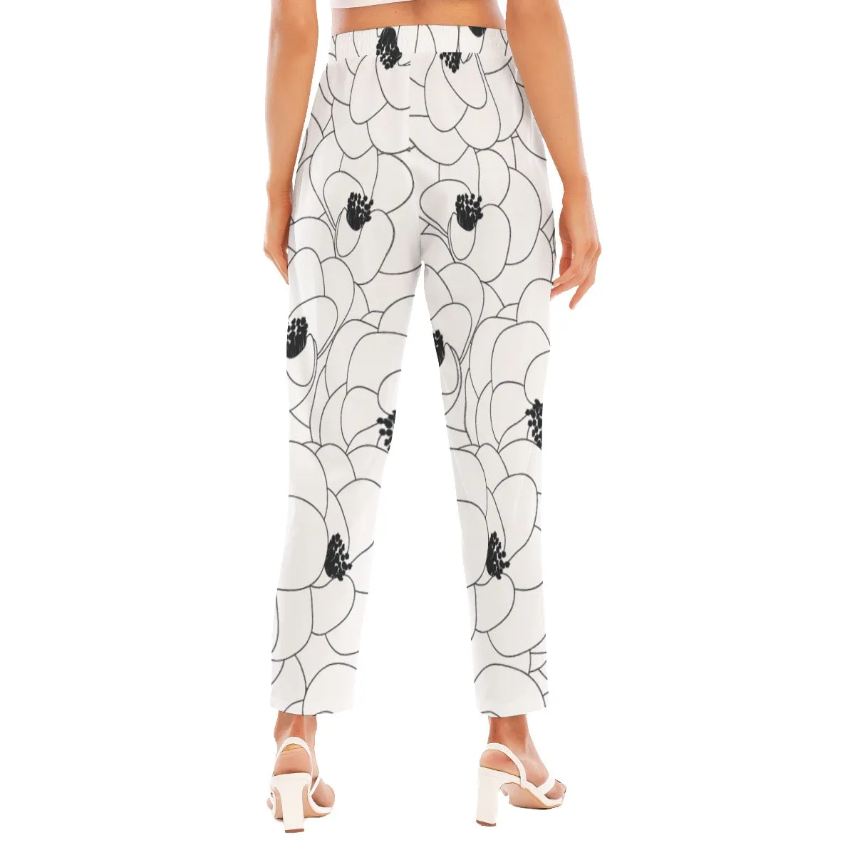 All-Over Print Women's Loose Straight-leg Pants 109 white with flower print