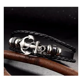 Anchor Braided Genuine Black Leather Wrist Band Strand Bracelet