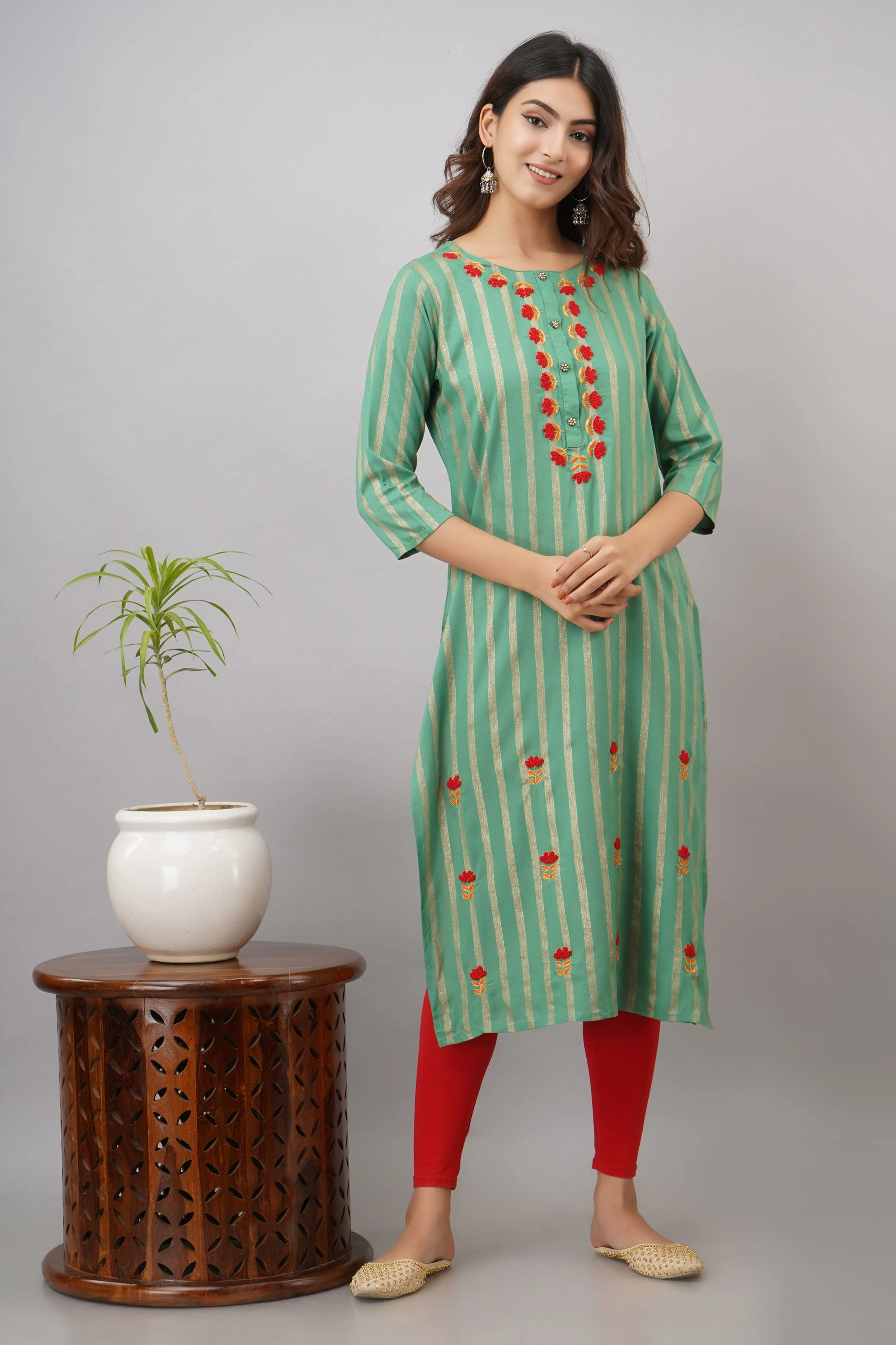 Aqua Green Rayon Straight Womens Kurta