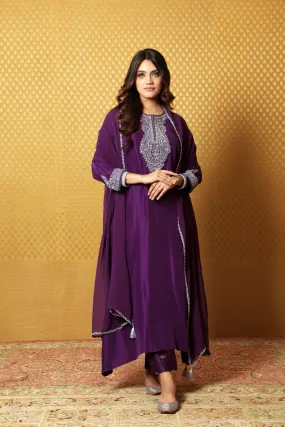 Aubergine Hand-Embroidered Pure Silk Kurta-Pants Set