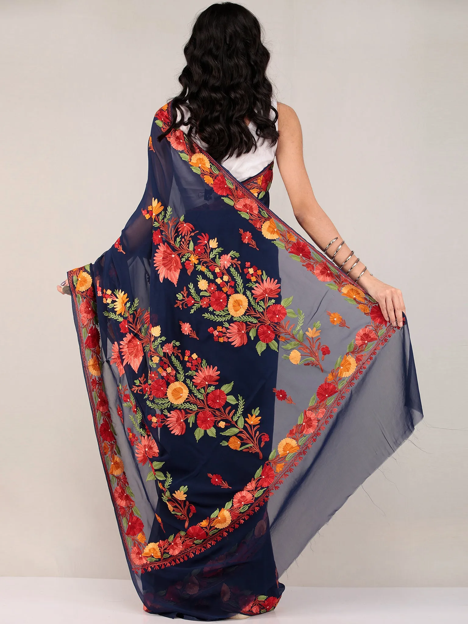 Blue Aari Embroidered Georgette Saree From Kashmir - S031704675