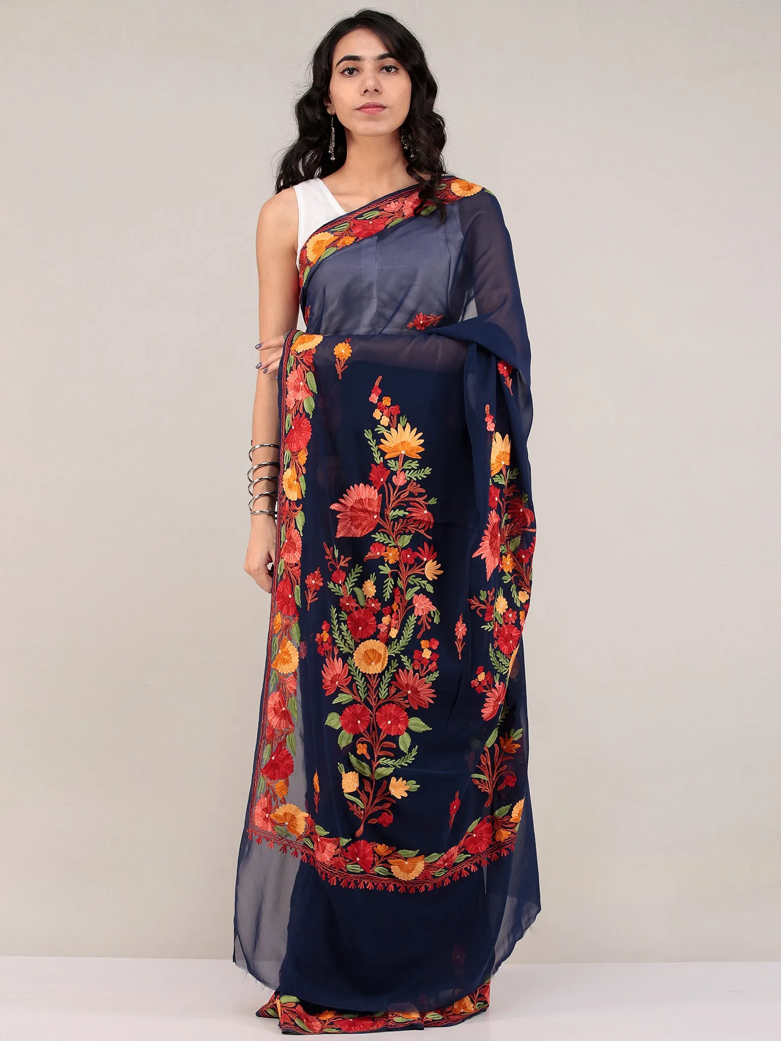 Blue Aari Embroidered Georgette Saree From Kashmir - S031704675