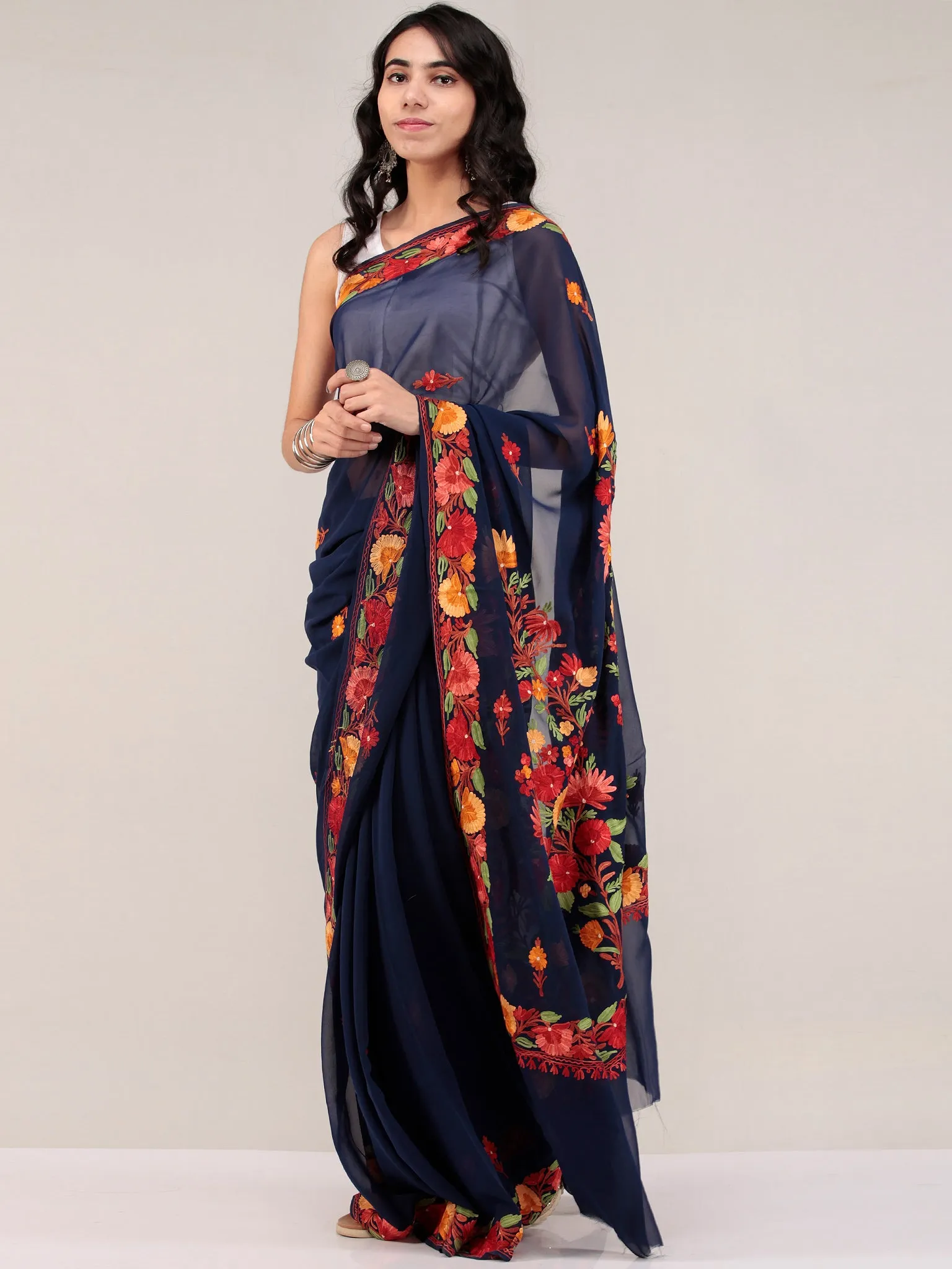 Blue Aari Embroidered Georgette Saree From Kashmir - S031704675