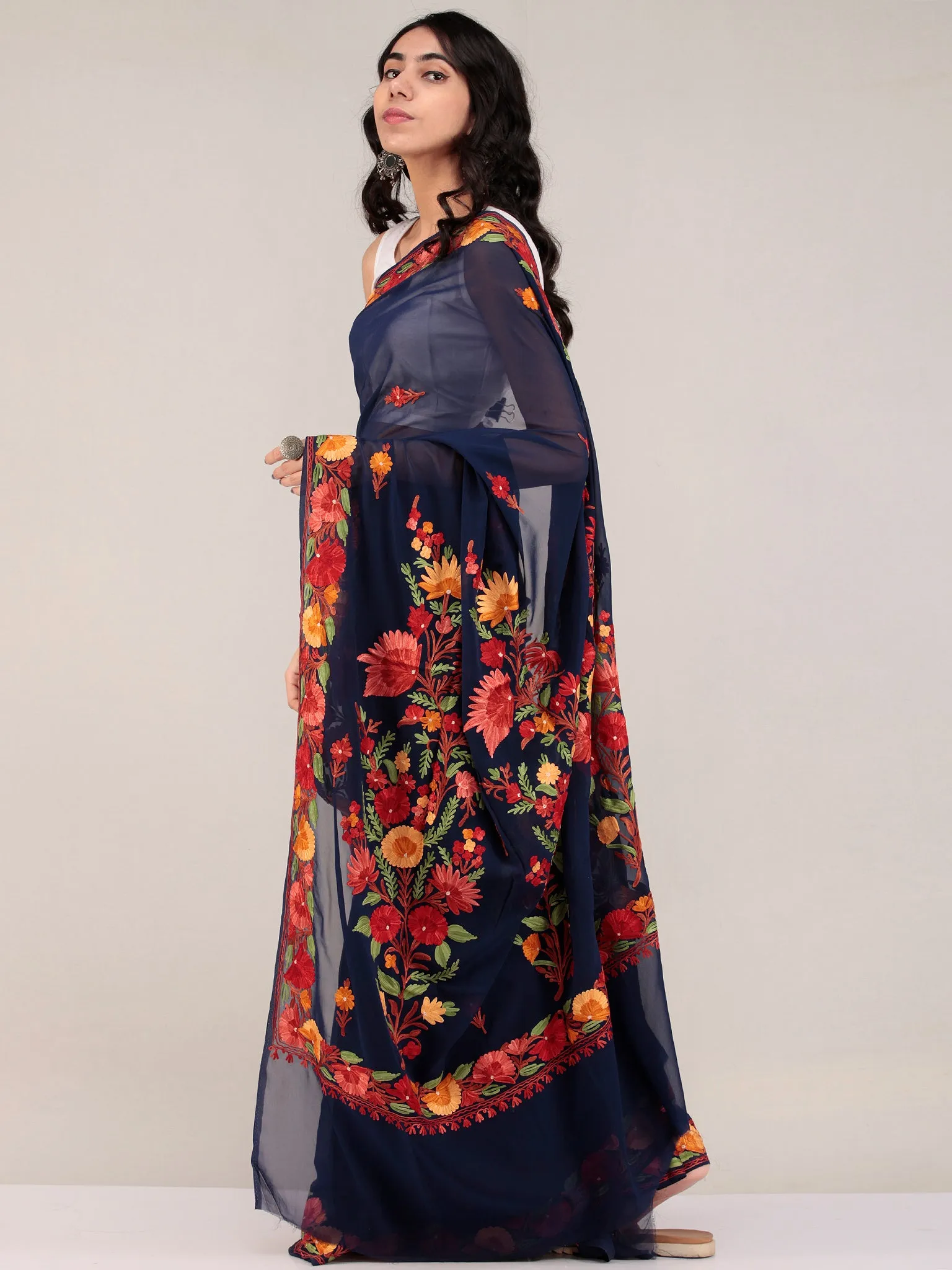 Blue Aari Embroidered Georgette Saree From Kashmir - S031704675