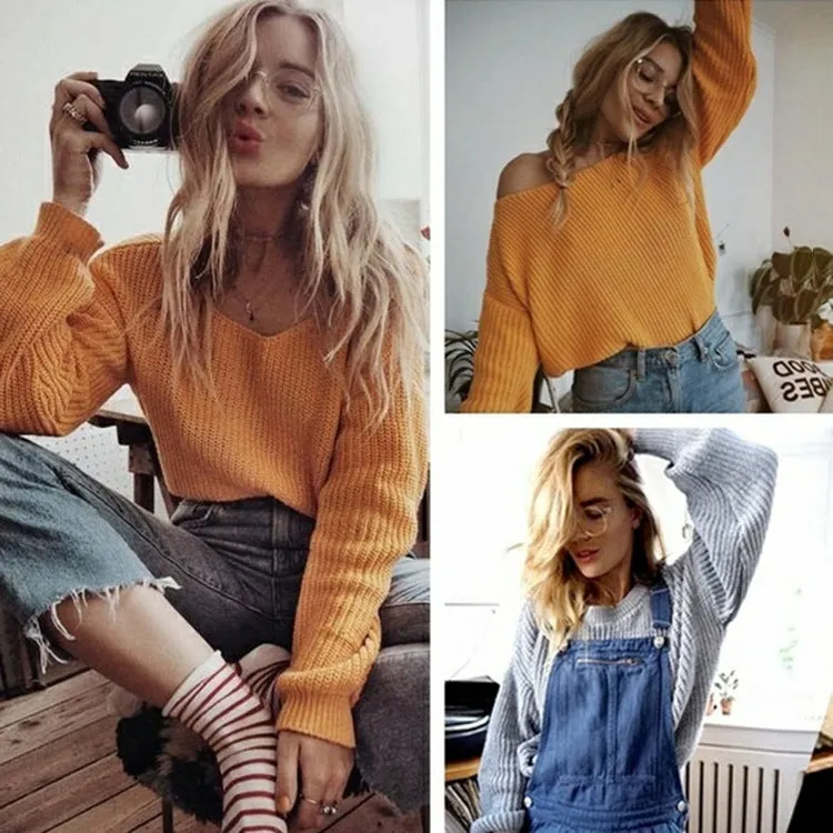 Boat Neck Bare Shoulder Solid Color Women Pullover Sweater