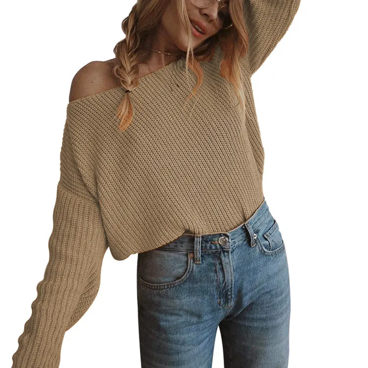 Boat Neck Bare Shoulder Solid Color Women Pullover Sweater