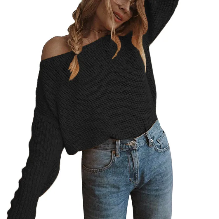 Boat Neck Bare Shoulder Solid Color Women Pullover Sweater