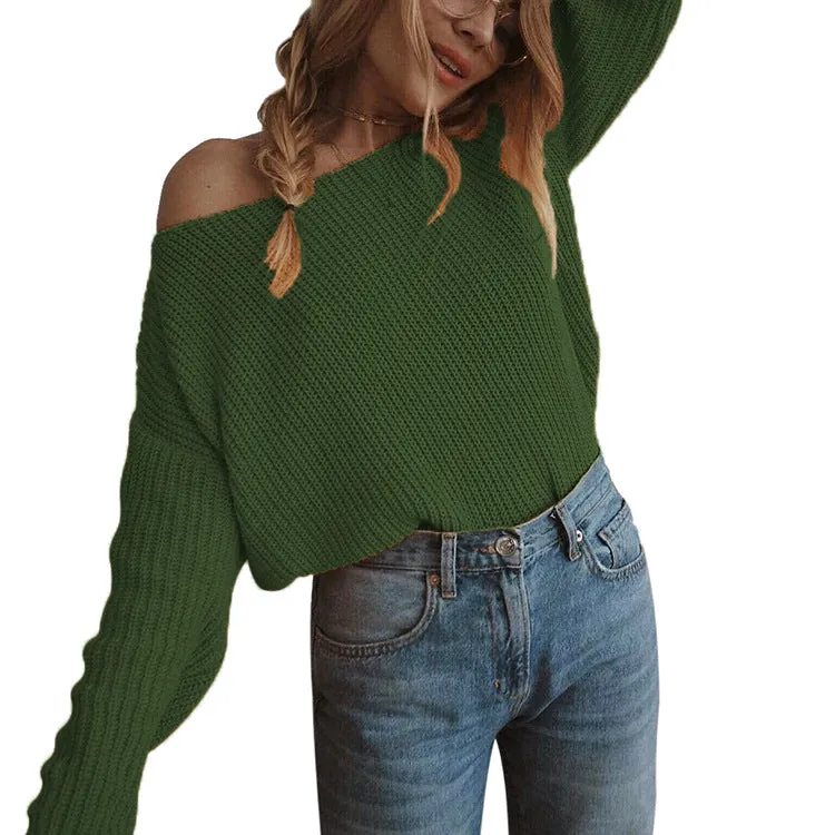 Boat Neck Bare Shoulder Solid Color Women Pullover Sweater