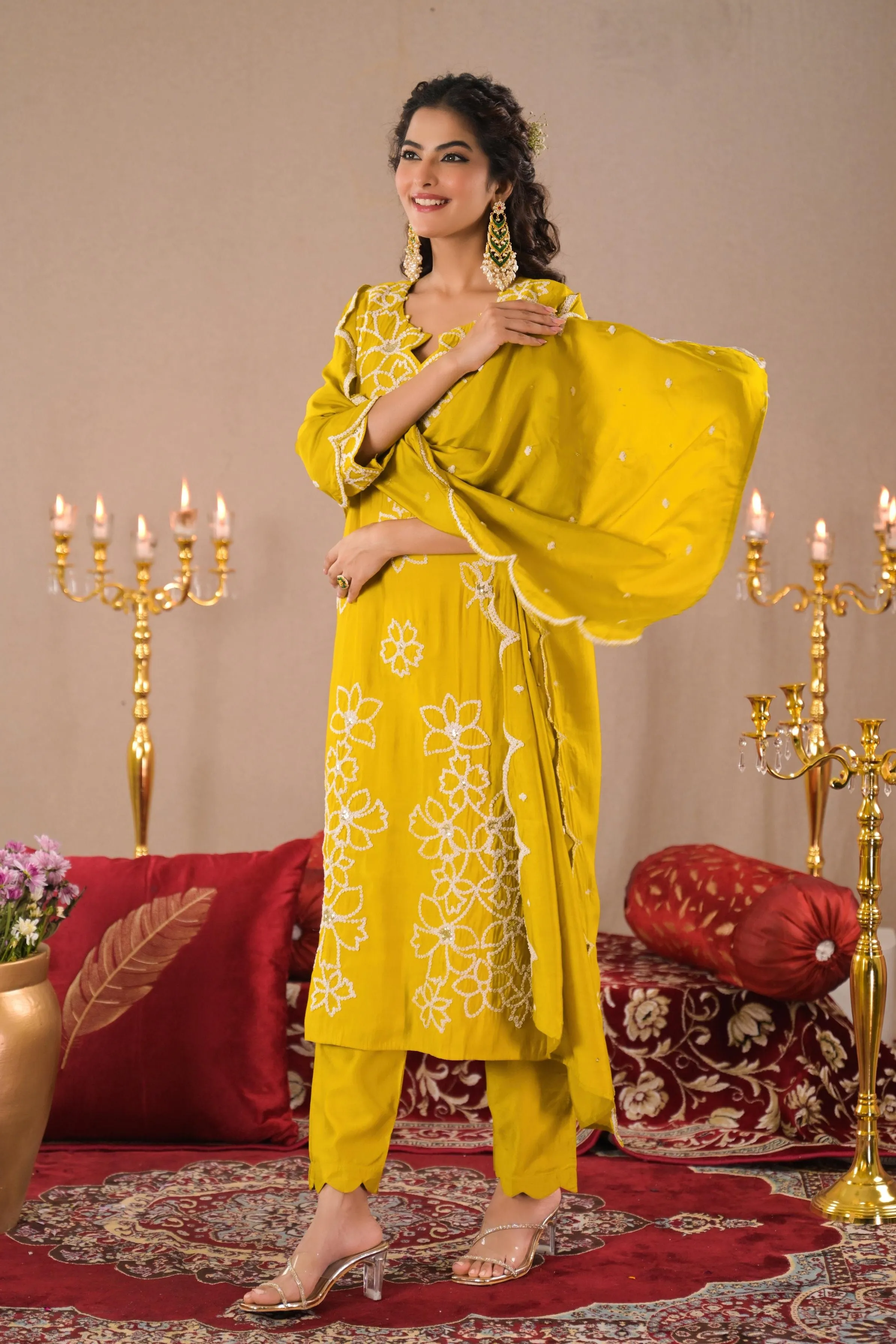 Bright Yellow Embroidered Organza Silk Pants Set