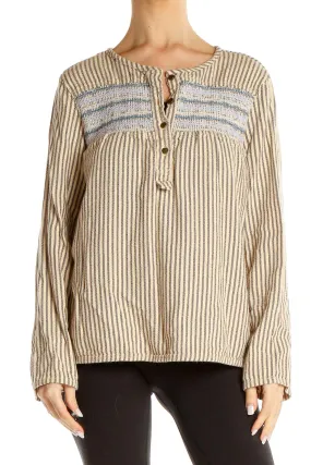 Brown Striped Embroidered Top