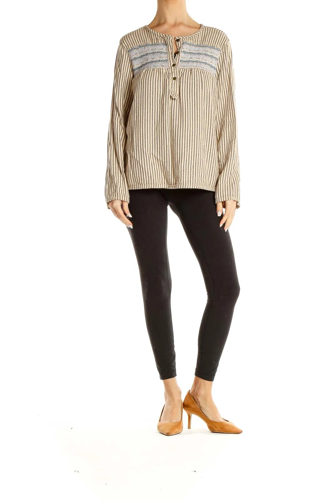 Brown Striped Embroidered Top