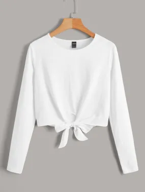 Casual Plain Knot Long Sleeve Round Neck Regular Women T-Shirt