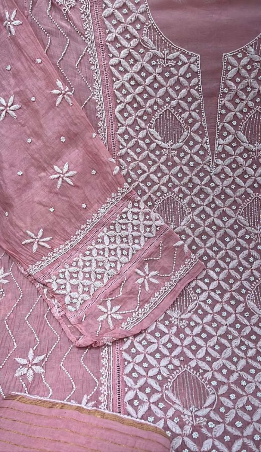 Chic Pink Chikankari Silk Suit with Beads & Sequins