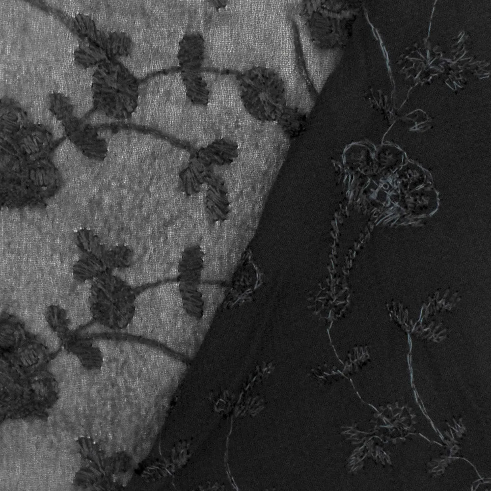 Classic Black Floral Embroidered Rayon Chiffon Woven Fabric