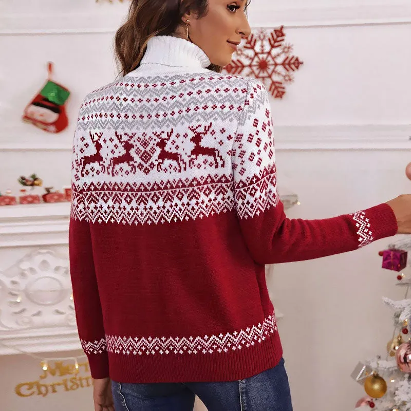 Cozy Red Nordic Fair Isle Reindeer Print Christmas Turtleneck Sweater