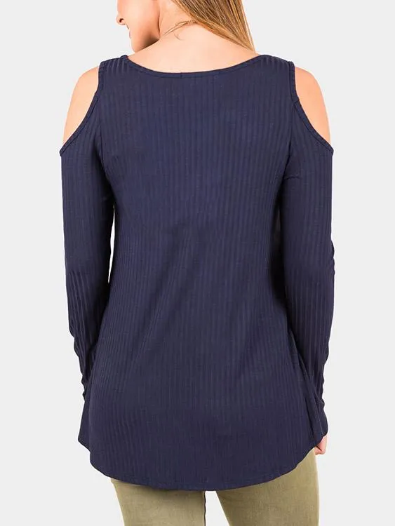 Custom Cold Shoulder Plain Cable Knit Long Sleeve Top