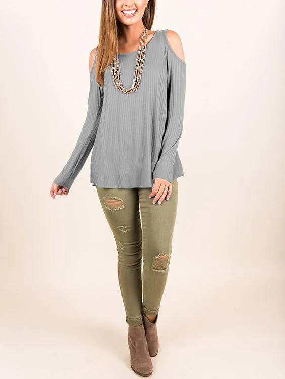 Custom Cold Shoulder Plain Cable Knit Long Sleeve Top