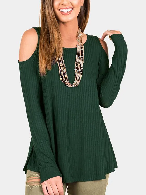 Custom Cold Shoulder Plain Cable Knit Long Sleeve Top