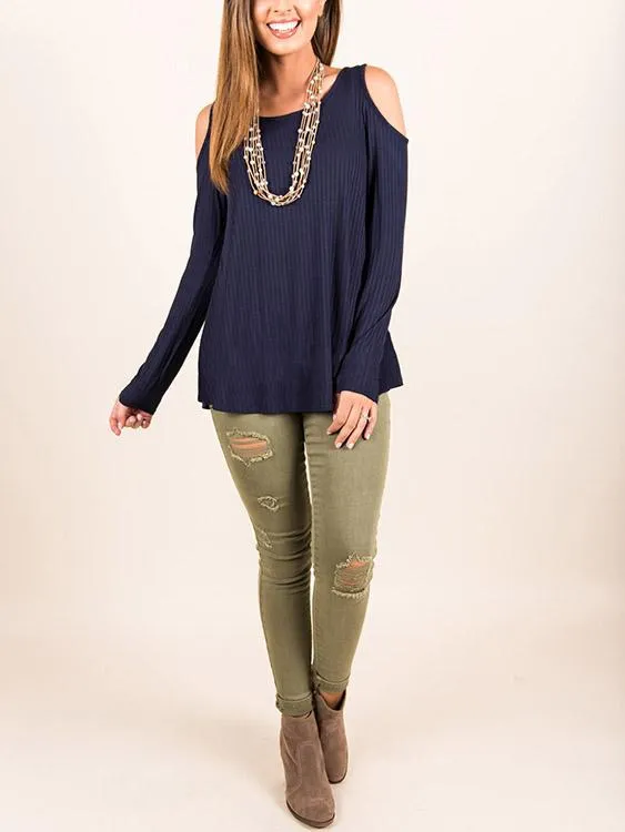 Custom Cold Shoulder Plain Cable Knit Long Sleeve Top