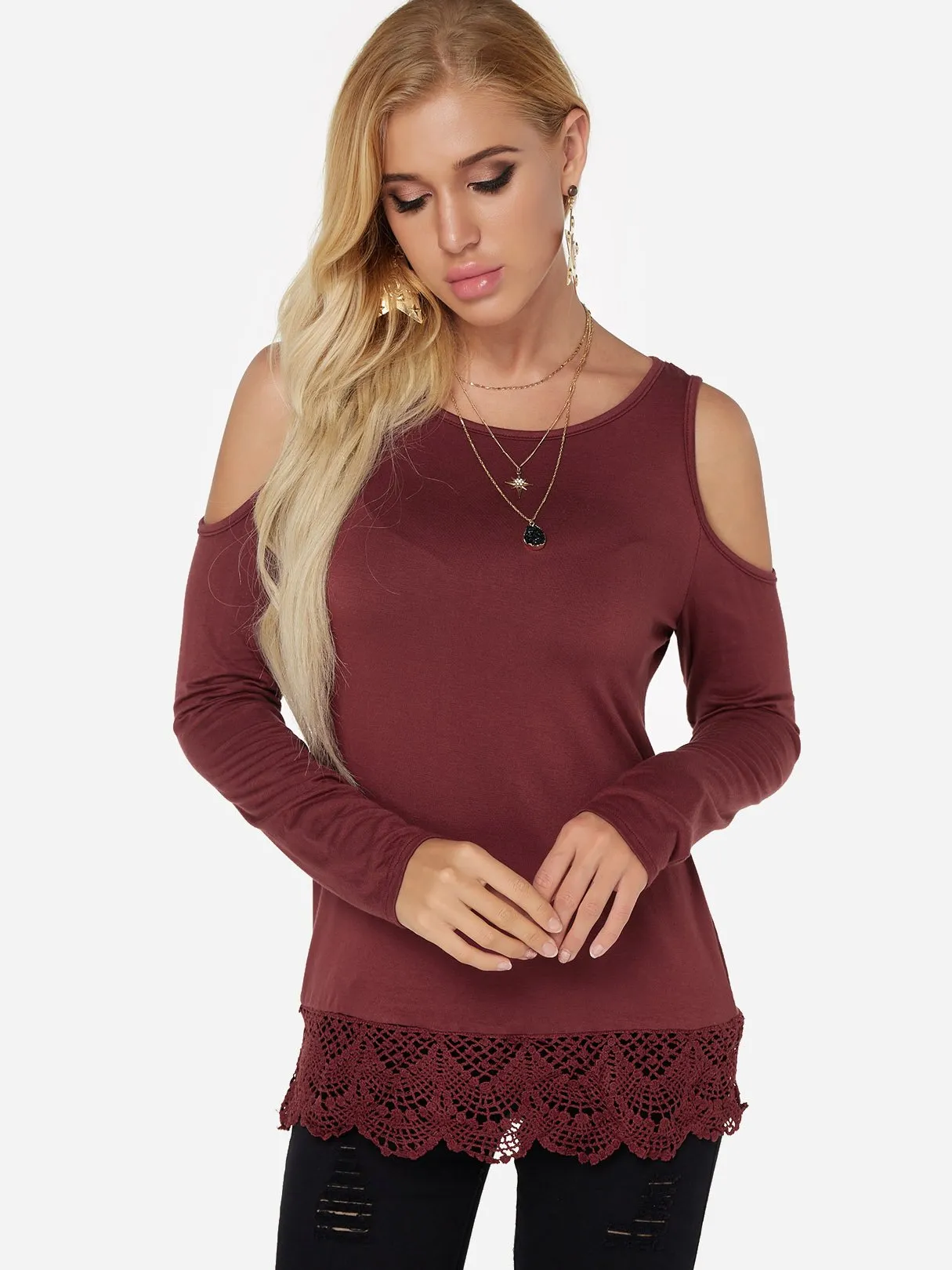 Custom Cold Shoulder Plain Lace Long Sleeve Burgundy T-Shirts