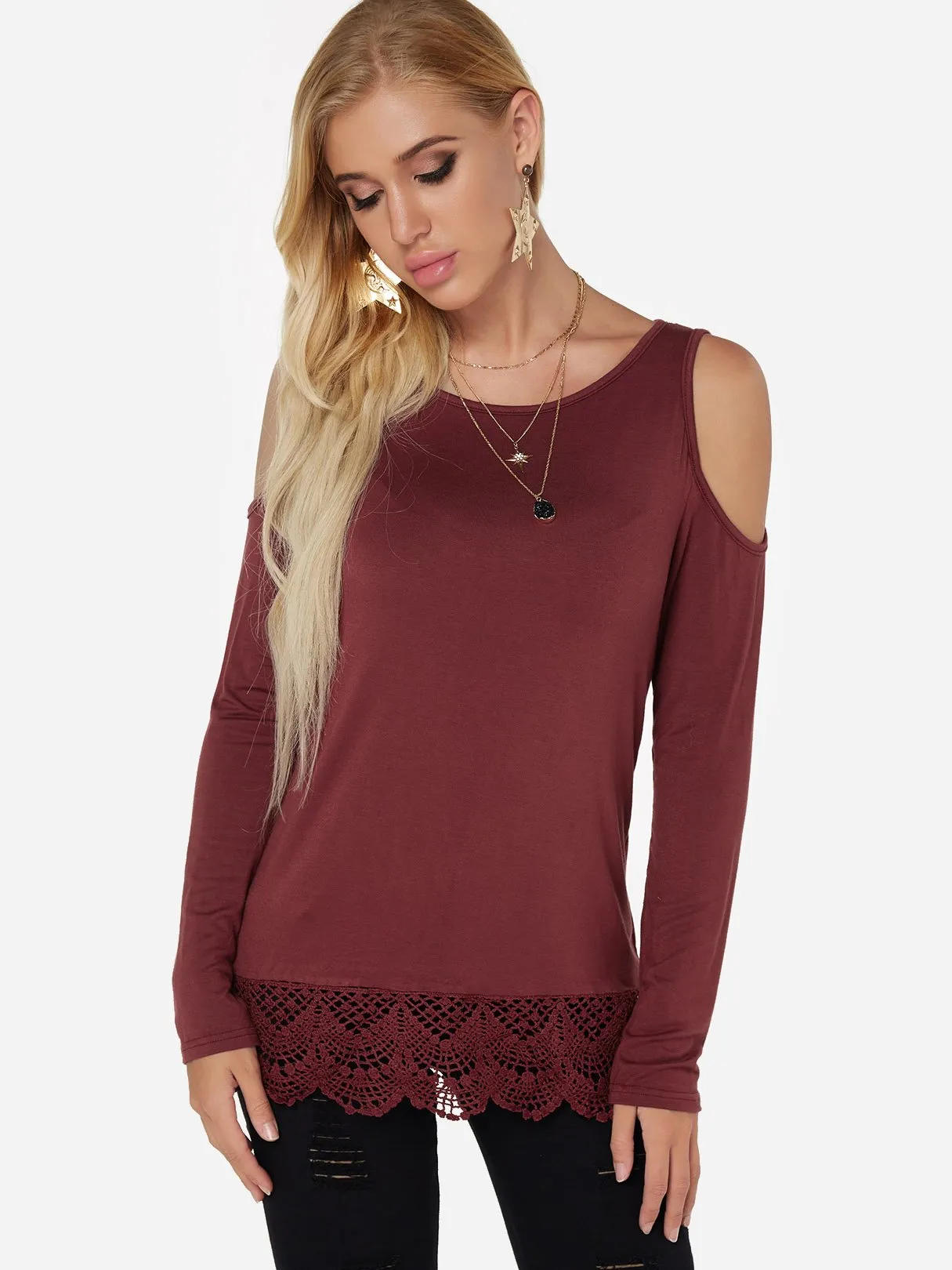 Custom Cold Shoulder Plain Lace Long Sleeve Burgundy T-Shirts