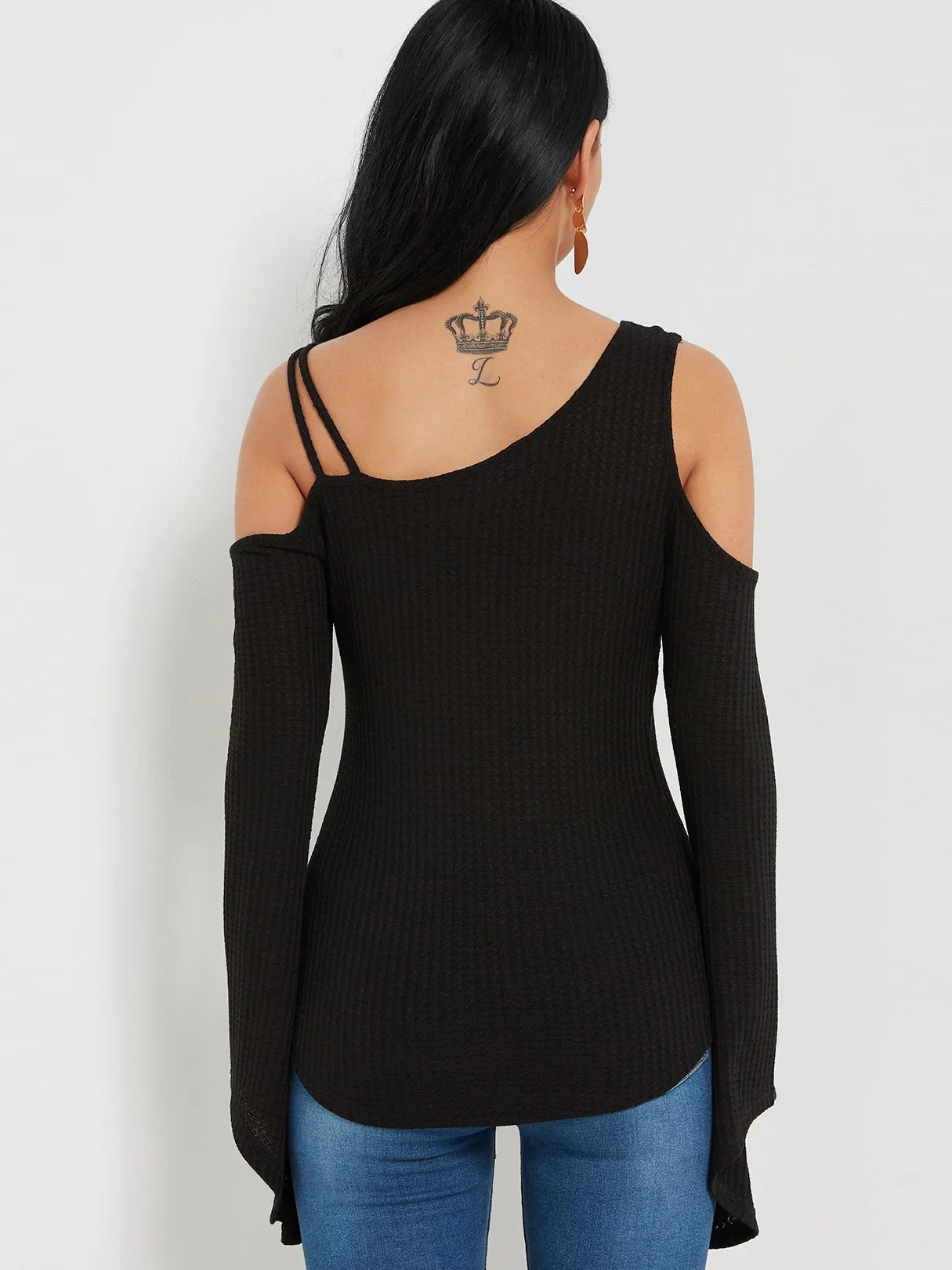 Custom Cold Shoulder Plain Long Sleeve Black Fashion Tee