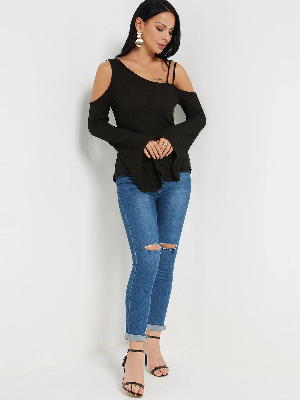 Custom Cold Shoulder Plain Long Sleeve Black Fashion Tee