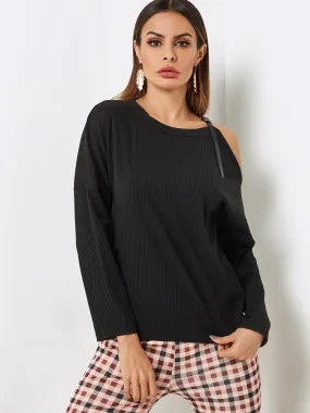 Custom Cold Shoulder Plain Long Sleeve Black T-Shirt