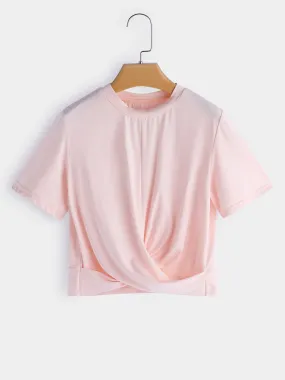 Custom Crew Neck Plain Crossed Front Short Sleeve Pink T-Shirts