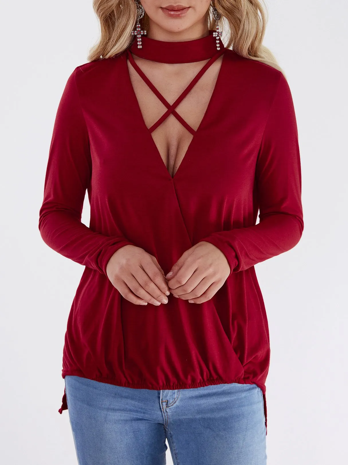 Custom Deep V-Neck Plain Crossed Front Long Sleeve Top