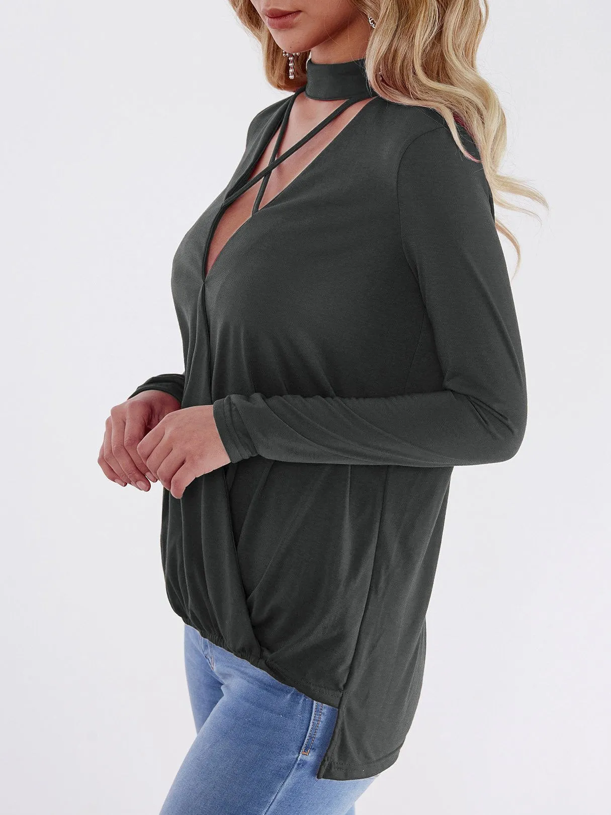 Custom Deep V-Neck Plain Crossed Front Long Sleeve Top