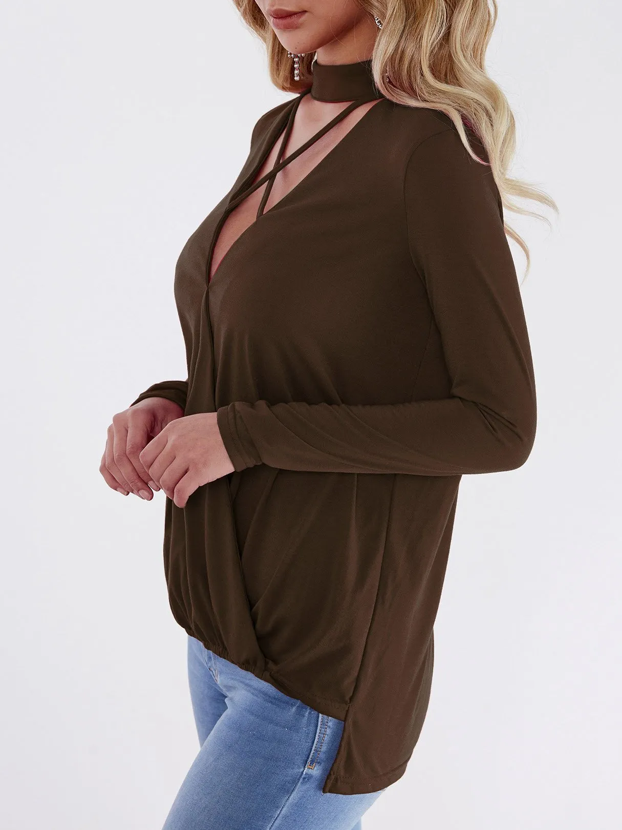 Custom Deep V-Neck Plain Crossed Front Long Sleeve Top