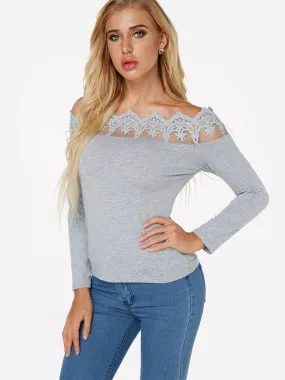 Custom Off The Shoulder Plain Lace Long Sleeve Grey T-Shirts