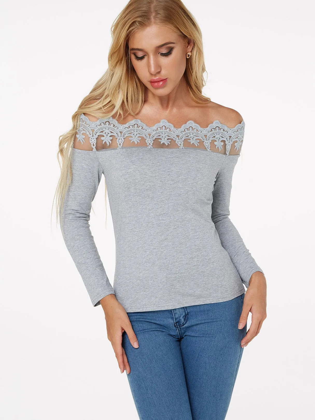 Custom Off The Shoulder Plain Lace Long Sleeve Grey T-Shirts