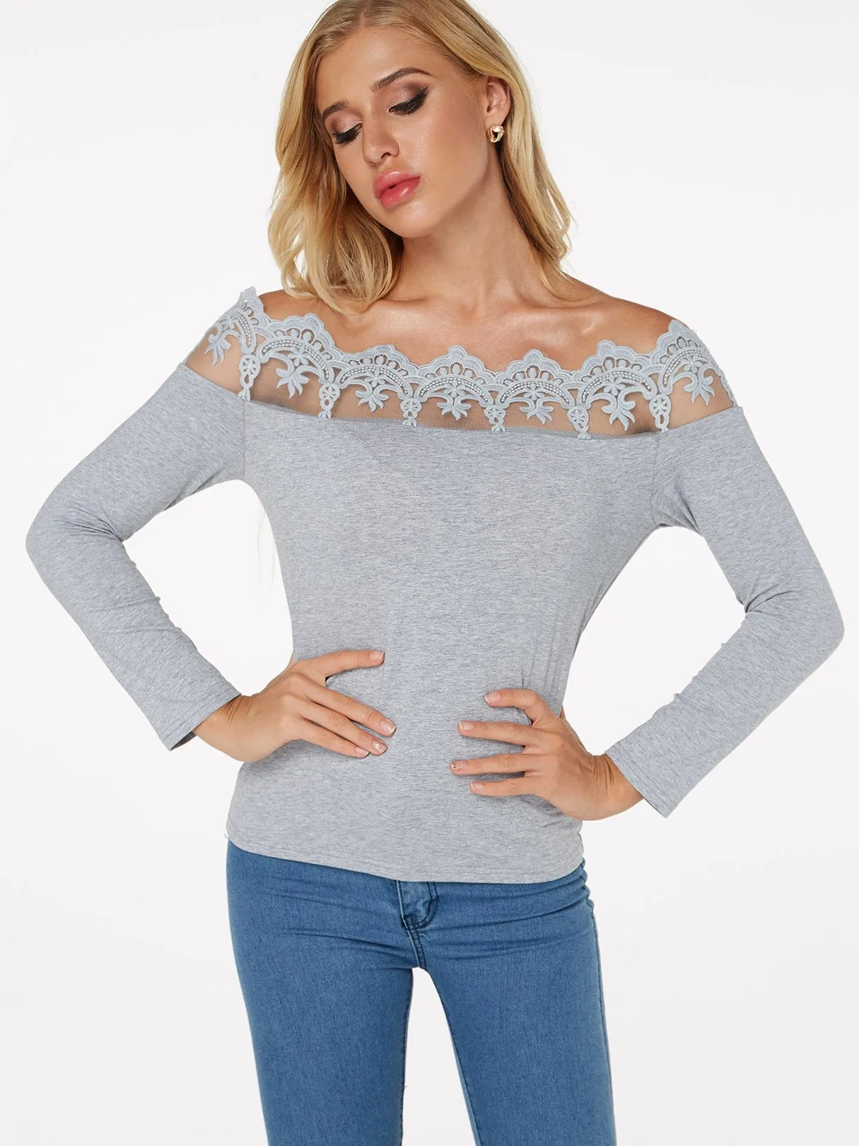 Custom Off The Shoulder Plain Lace Long Sleeve Grey T-Shirts