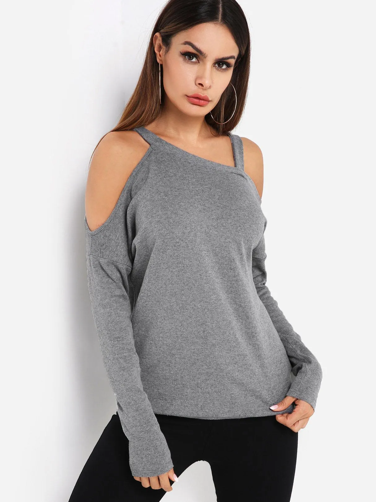 Custom One Shoulder Plain Long Sleeve Grey Top