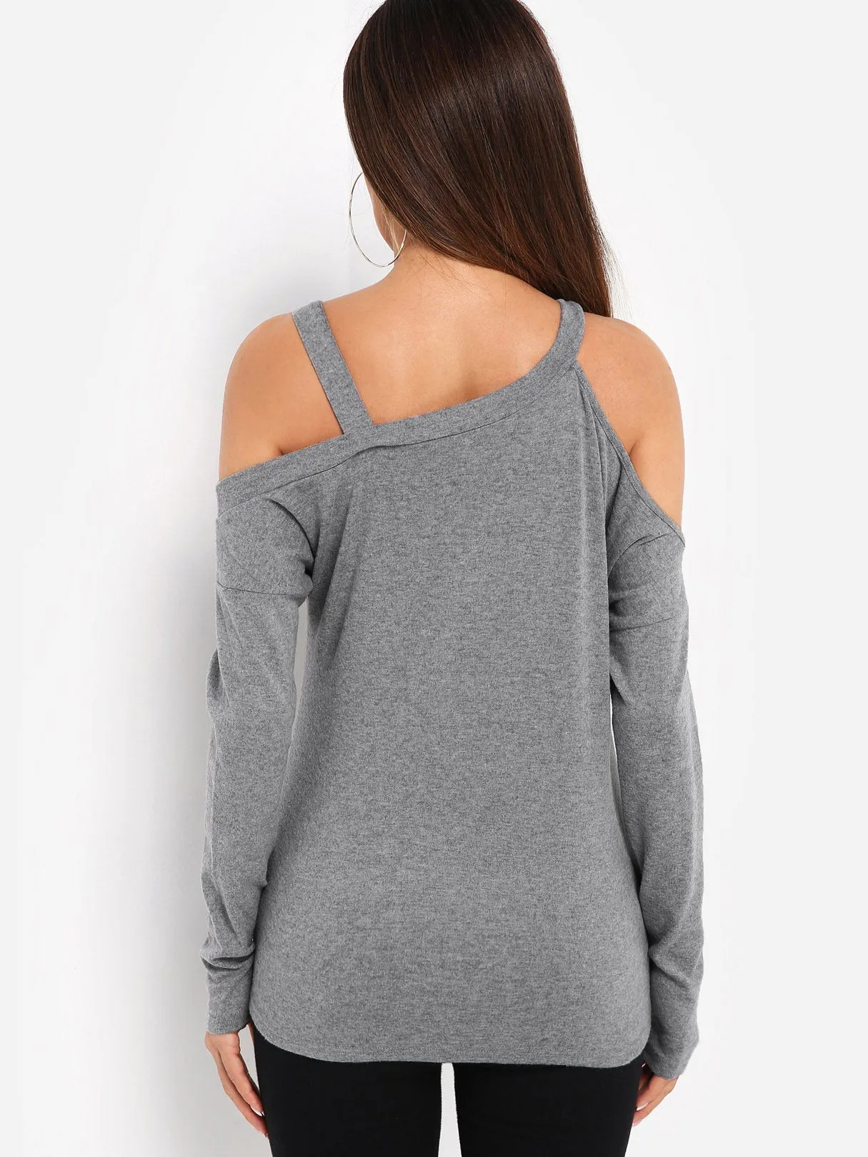 Custom One Shoulder Plain Long Sleeve Grey Top