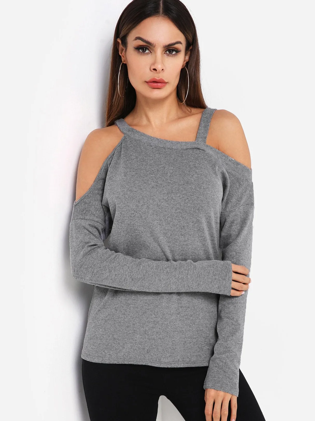 Custom One Shoulder Plain Long Sleeve Grey Top