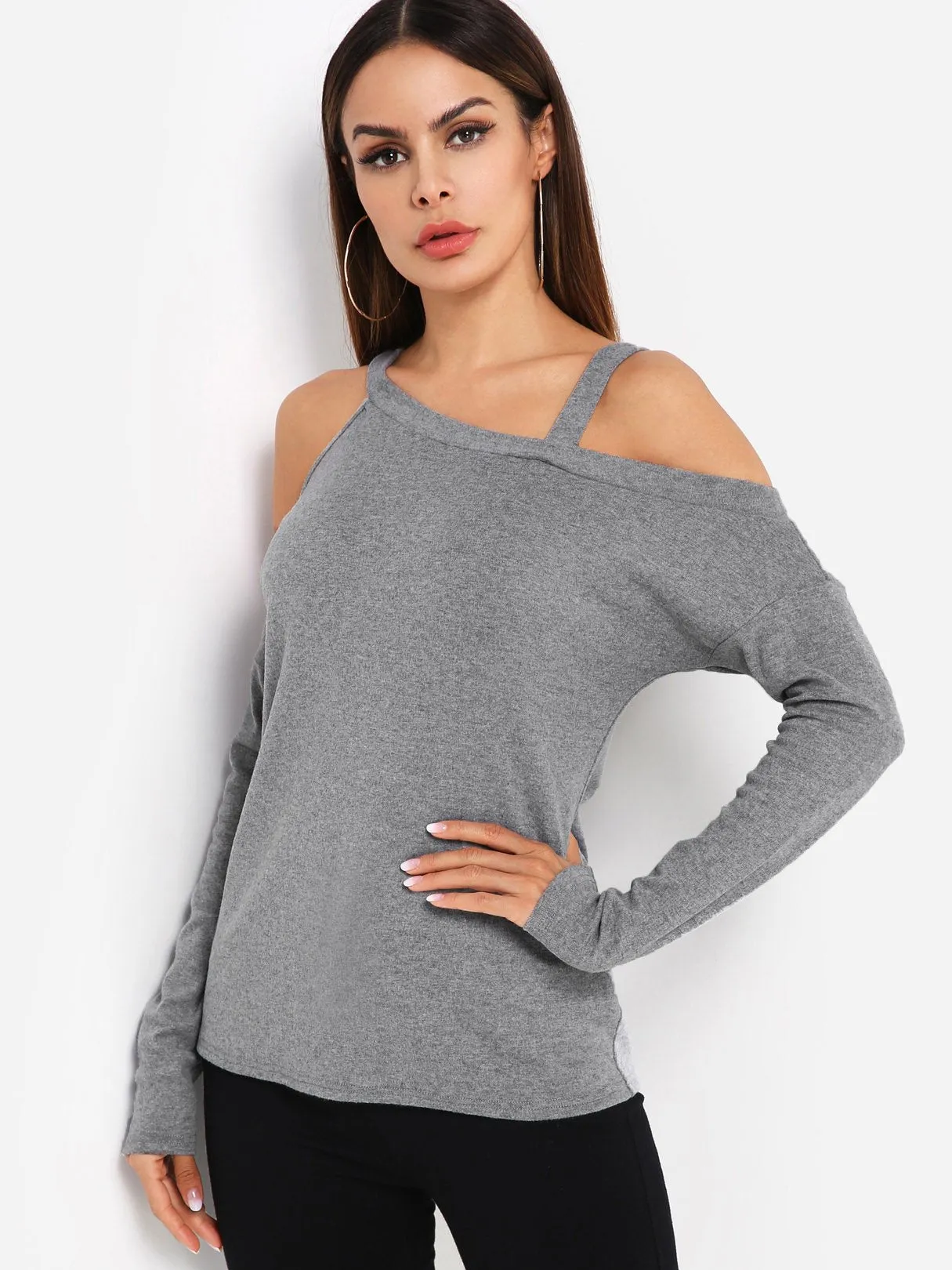 Custom One Shoulder Plain Long Sleeve Grey Top