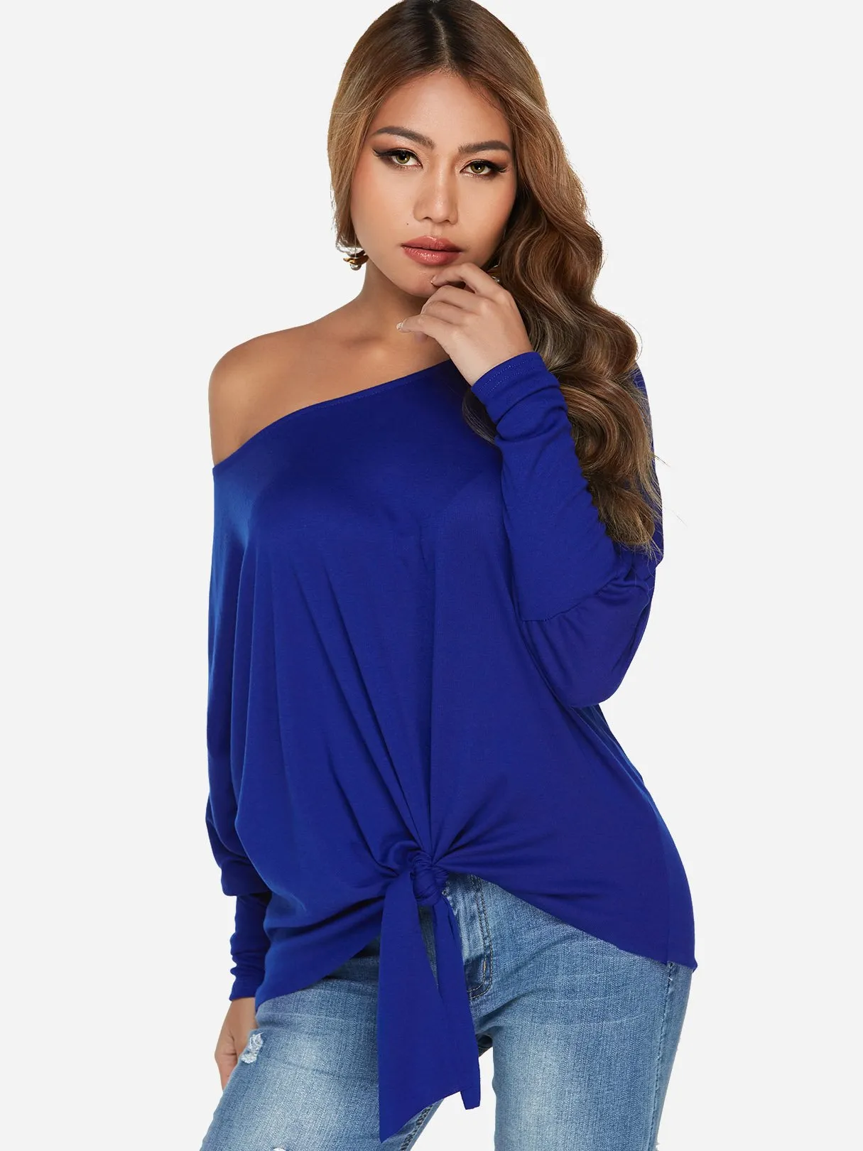 Custom One Shoulder Plain Self-Tie Long Sleeve Top